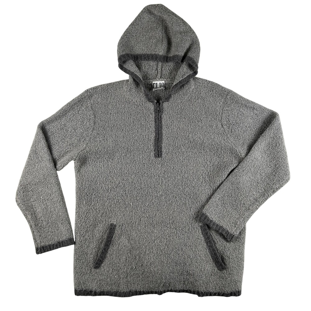 Vintage CLIO Sweater Womens Large Hooded 1/4 Zip Boucle Knit Pullover Pockets